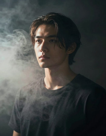 Portrait of a handsome young man with dark hair and smoke in the dark