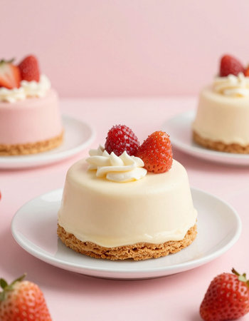 Cake with cream and strawberries on a pink background, closeupの写真素材