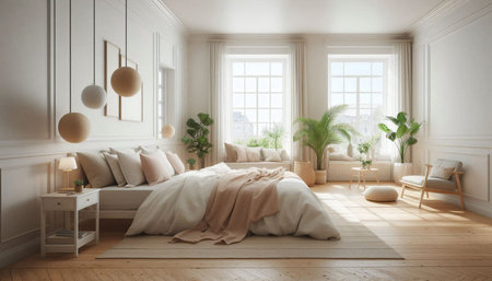 3d rendering interior of bedroom with white walls, wooden floor and comfortable king size bed.の写真素材