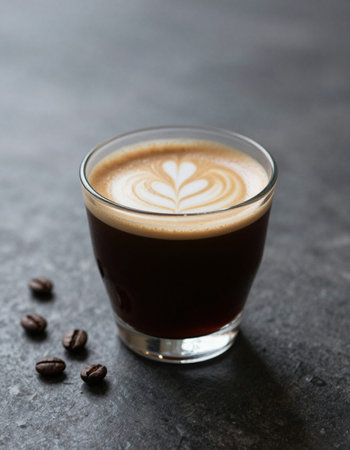 Coffee cup with latte art on stone table, selective focus