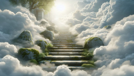 Stairway through the clouds to heaven. 3D render.