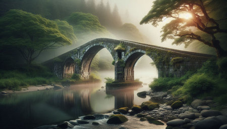 Fantasy landscape with a stone bridge over the river in the morning