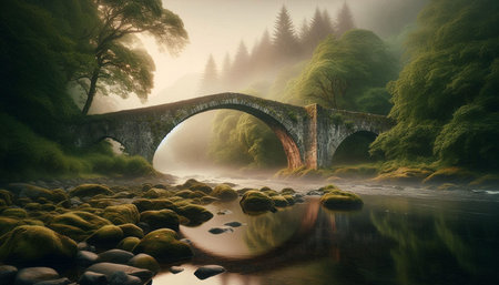 Old stone bridge over the river in the misty forest. Digital painting.