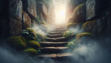 Stairway in the forest with fog and sunlight. 3d renderingの写真素材