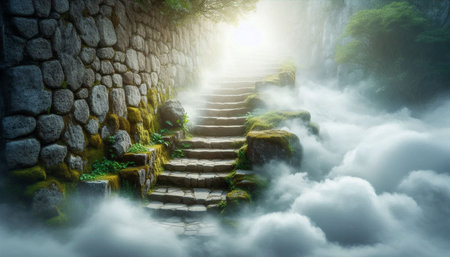 Staircase leading up to the mountain in the morning mist.の写真素材