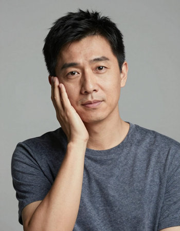 Portrait of an Asian man in grey t-shirt on gray background