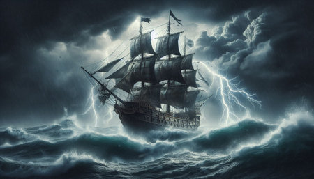 Pirate ship in stormy sea with lightning and stormy sky
