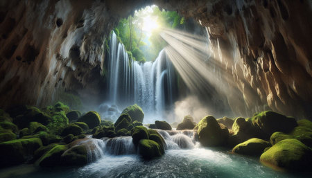 Beautiful waterfall in the cave. 3d rendering. Computer digital drawing.