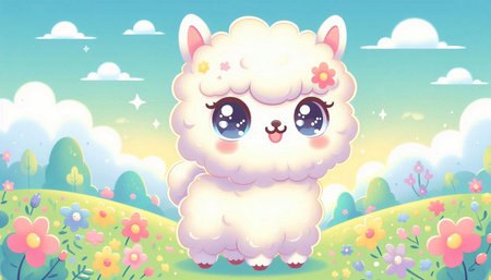 Cute cartoon alpaca in the meadow. Vector illustration.の写真素材
