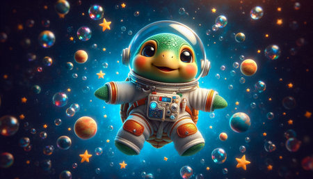 Astronaut in outer space with bubbles. 3d illustration.の写真素材