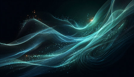 abstract wave background with glowing particles, lines and bokeh