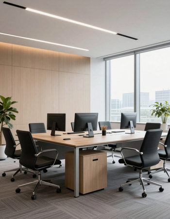 Interior of modern office with wooden walls, wooden floor, rows of computer tables with black chairs...
