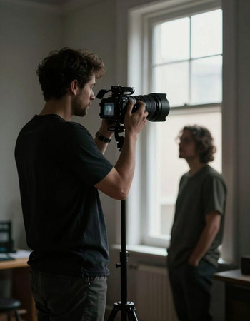 Male videographer taking a picture of a young man in the roomの写真素材