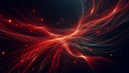 abstract red background with lines and bokeh, 3d render