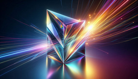 3d illustration of colorful background with crystal and rays of light.