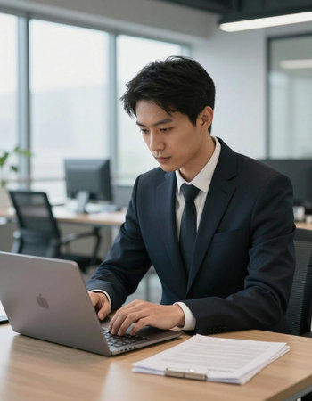 Young Asian businessman working on laptop computer at office. Business and technology concept.