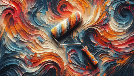 Paint roller and brush strokes on a colorful background, top view