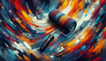 Paint roller on a colorful background. Painting concept. Top view.の写真素材