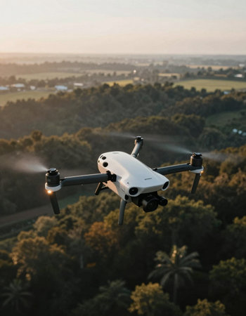 Drone with digital camera flying in the air over green forest.