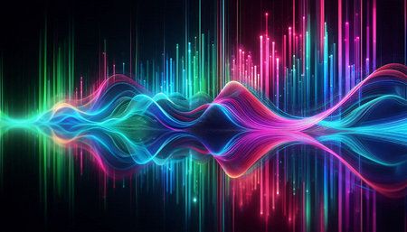 Futuristic technology wave background with glowing lines and bokeh