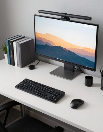 Modern workspace with computer, mouse, keyboard, books and coffee cup