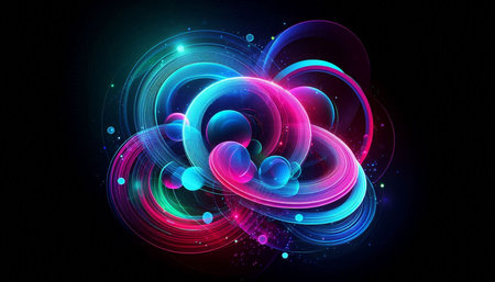 Abstract background of glowing circles and lines in blue and pink colors on black