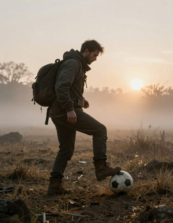 Full length portrait of a young man with backpack and soccer ball at sunset