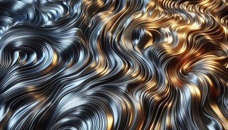3d render, abstract background with wavy lines, metallic waves.の写真素材