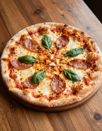 Pizza with salami, cheese and basil on a wooden tableの写真素材