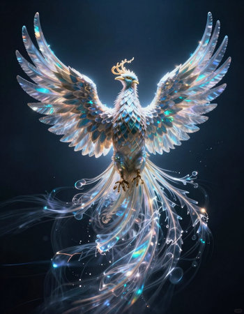 Fantasy bird with wings spread in the night sky. 3d rendering