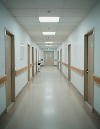 Interior of a hospital corridor with white walls and wooden doors.