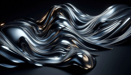 Metallic abstract wavy liquid form on black background. 3d render illustration