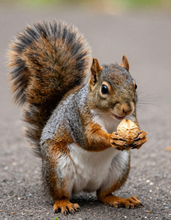Squirrel with nut in the park, close-up portrait.