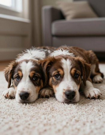 Two puppies of Australian Shepherd are lying on the carpet at home.