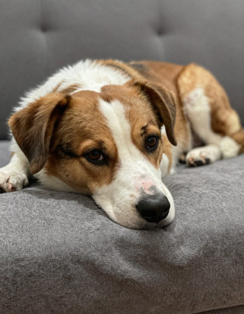 Portrait of a purebred beagle dog lying on a sofa