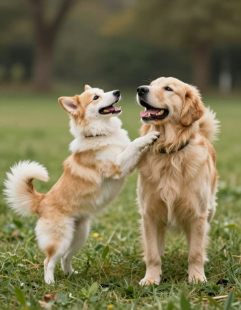 Two happy dogs playing in the park. Golden Retriever and Welsh Corgi