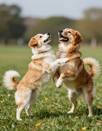 Two dogs playing together in the park on a sunny summer day.