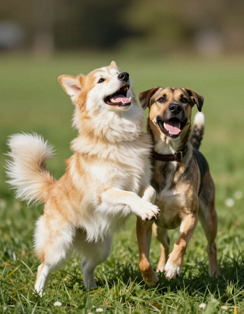 Two dogs playing together in the park on a sunny summer day.