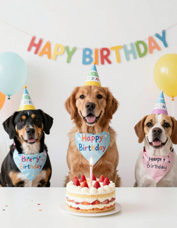 birthday party with cute dogs and cake in studio on white background