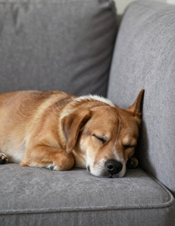 Cute dog sleeping on sofa at home, closeup of photo