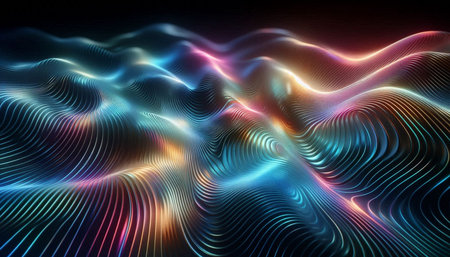 3d rendering of abstract wavy background with glowing particles in empty space