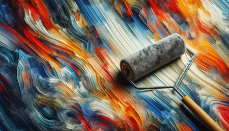 Paint roller on a colorful background. Painting concept. Close-up.の写真素材