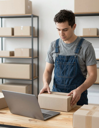young man with laptop and cardboard boxes at workplace in office, relocation concept