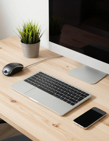 Wooden desk with computer, smartphone and plant in vase.