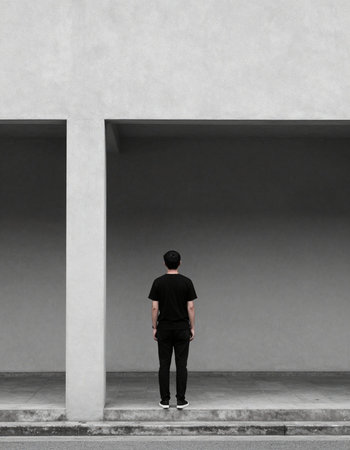 back view of a man standing in front of an empty grey wallの写真素材
