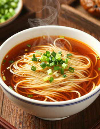 Japanese ramen noodle soup with green onion in bowl on wooden background