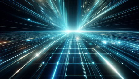 Futuristic technology background with glowing lines and space tunnel. 3d rendering