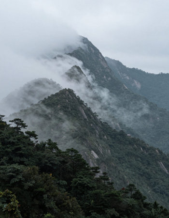 Mountain landscape with fog in Huangshan National Park, China.