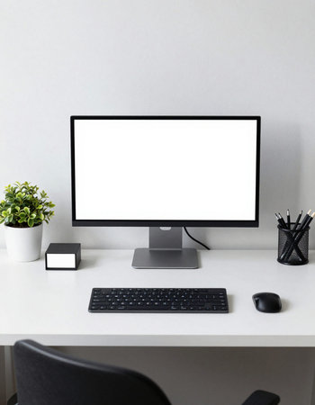 Modern workspace with blank screen computer, keyboard, mouse and stationery on white desk.