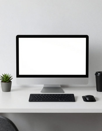 Modern desktop with blank screen computer, keyboard, mouse and coffee cup.